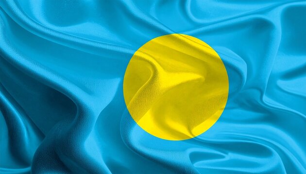 The flag of Palau waving gently photorealistic fabric folds white background with soft lighting
