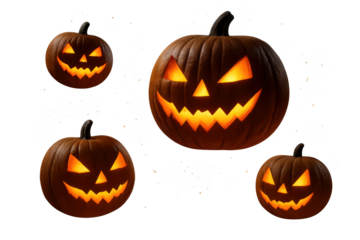 Spooky Halloween pumpkins isolated on transparent background, carved, glowing