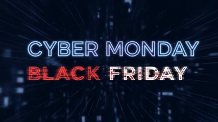 Vibrant digital display showcasing Cyber Monday and Black Friday promotions in a futuristic setting