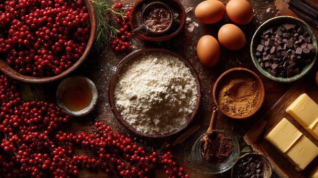 Baking Ingredients Still Life - Flour, Berries, Eggs, and Butter.