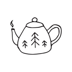 Winter teapot illustration in line art style in black and white representing cozy beverage ritual and kitchen decor. Vector hand drawn illustration for polygraphy, stikers, logo and social media