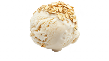 A close-up view of a creamy scoop of vanilla ice cream topped with crunchy golden oats. set against a clean white background. perfect for dessert-related content or culinary promotions