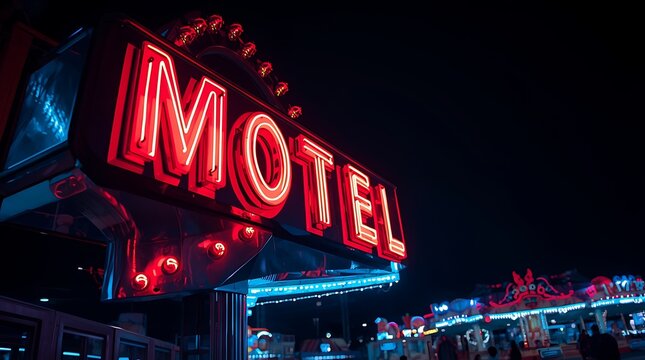 Vibrant neon motel sign glows in the dark on a retro city street at night - Powered by Adobe