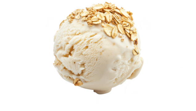 A close-up view of a creamy scoop of vanilla ice cream topped with crunchy golden oats. set against a clean white background. perfect for dessert-related content or culinary promotions