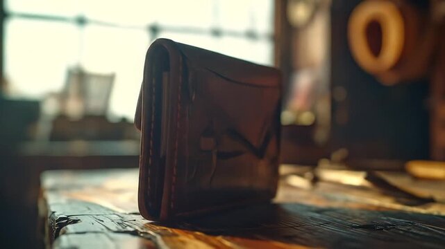 Handcrafted Leather Wallet on a Rustic Wooden Table in a Workshop.