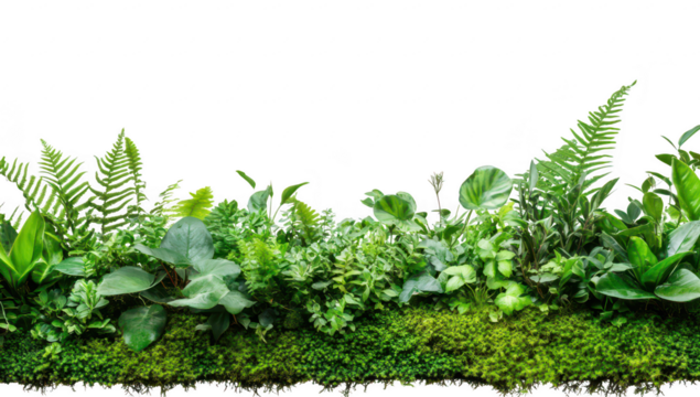A collection of lush green plants and ferns arranged in a natural setting. the beauty of nature. ideal for backgrounds in gardening or environmental themes