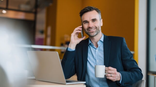 Confident man in business suit is sitting in open office workspace, holding coffee cup and talking on smartphone, with laptop in front of him