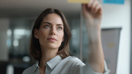 Focused female manager in modern office setting writes on transparent board, conveying sense of determination and leadership. environment suggests professional and collaborative workplace