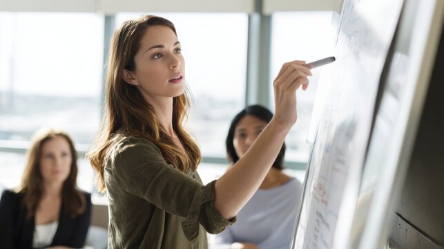 Young woman confidently presents business strategy to colleagues using whiteboard in modern office setting. atmosphere is focused and collaborative