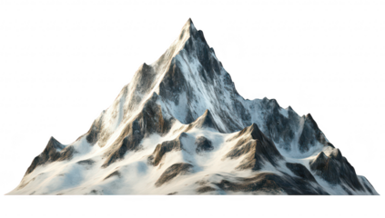 Majestic snow-capped mountain peak towering against a clear white sky. rugged terrain and sharp ridges. ideal for travel and adventure-themed content