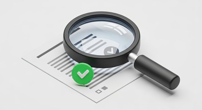 A magnifying glass with a green checkmark on a document.