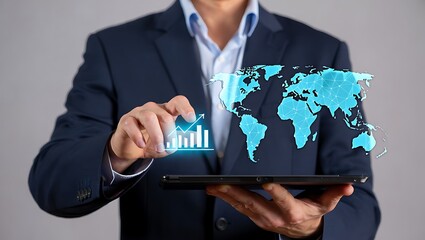 Man in suit touching digital financial growth chart and world map on tablet screen Keywords: tablet, technology, digital, world map, global, connection, network, data, information, communication