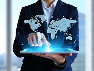Person in suit touching digital world map on tablet with glowing interface and connections Keywords: tablet, technology, digital, world map, global, connection, network, data, information