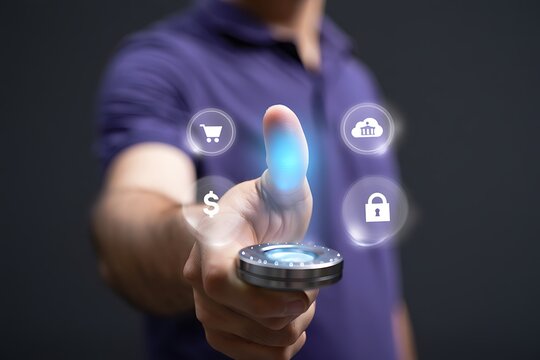 Person using fingerprint scanner with digital icons for shopping cloud security and money Keywords: fingerprint, scanner, biometric, security, authentication, identification, technology, digital