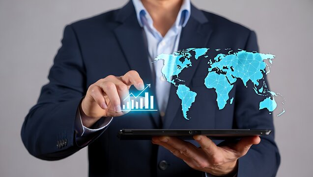 Man in suit touching digital financial growth chart and world map on tablet screen Keywords: tablet, technology, digital, world map, global, connection, network, data, information, communication - Powered by Adobe