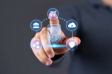 Finger touching fingerprint scanner with security and digital icons image photo