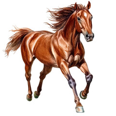 Obraz premium A powerful brown horse galloping gracefully across an open field. its strength and beauty. with a blurred background of lush greenery and a bright blue sky