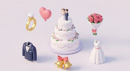 Wedding cake with bride and groom figurines, flowers, and wedding rings on a white background.