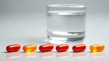 Colorful Capsules in Row with Glass of Water on Gray Background