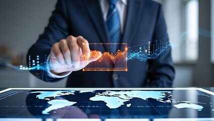 Man in suit analyzing global financial data on a futuristic interactive table hand finger