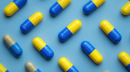 Colorful Capsules Spread on Blue Background Flat Lay Composition