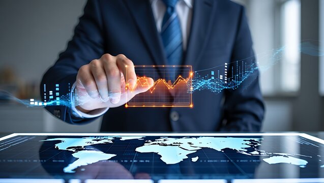 Man in suit analyzing global financial data on a futuristic interactive table hand finger