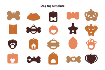 Collection of cute dog tag vector templates in various shapes such as bone, heart, and dog face. Perfect for pet ID labels, dog collar accessories, engraving projects,
