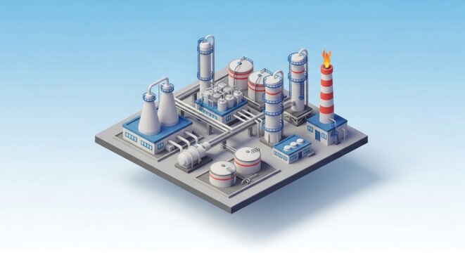 A 3D-rendered isometric oil refinery with multiple tanks, pipelines, and a lighthouse on a blue background.