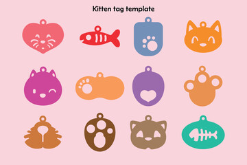 Cute flat vector set of cat pet ID tags and charms. Includes cat faces, paw prints, fish bone shapes, and heart cutouts. Perfect for pet accessories, laser cutting, engraving