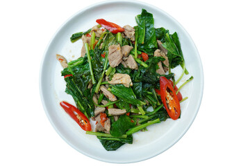 Thai food, stir-fried with pork, white background