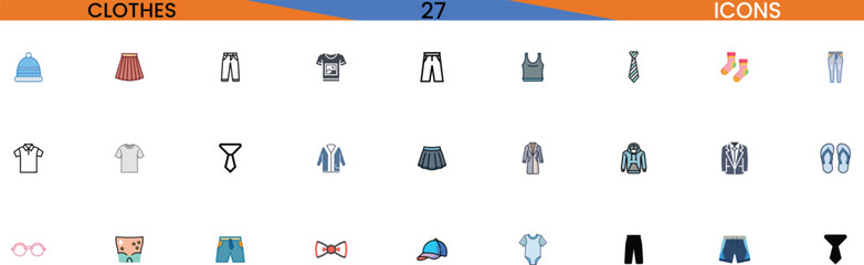 Fashion clothing icons set representing wardrobe essentials and apparel items vector