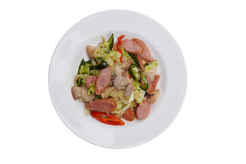 Thai food: stir-fried pork with cabbage and hot dogs die cut White background