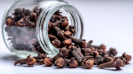 Obraz premium Dried Cloves Spilling from Glass Jar with Soft Background