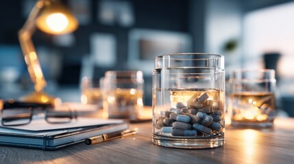 Glass Jars with Pills on Wooden Desk in Cozy Studio Environment