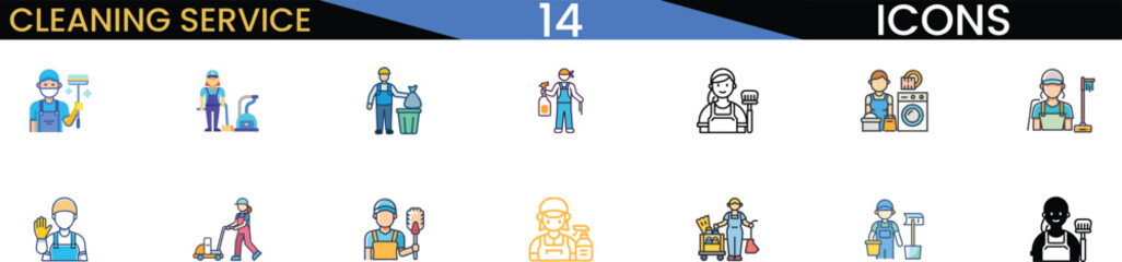 Collection of cleaning service icons representing various housekeeping and sanitation tasks vector