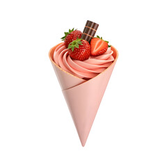 Delicious strawberry cream dessert in a crispy cone, garnished with fresh strawberries and chocolate.