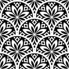 Monochrome abstract flowers, black and white geometry order, seamless vector floral pattern