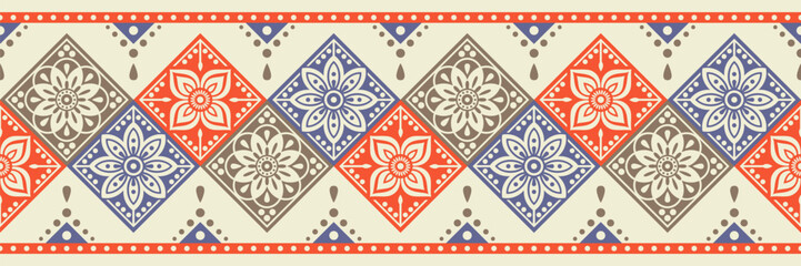Patterned border, vector flowers motifs in diamond shapes, inspired by traditional Ukrainian and Polish floral folk art embroidery designs.