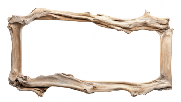 A rustic wooden frame made from driftwood. its natural texture and organic shapes. suitable for displaying artwork or photos. with a clean white background enhancing its aesthetic appeal