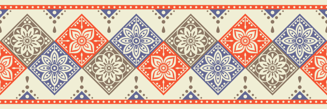Patterned border, vector flowers motifs in diamond shapes, inspired by traditional Ukrainian and Polish floral folk art embroidery designs.
