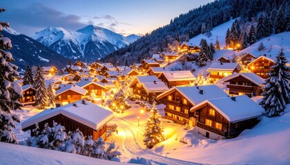 Winter Village at Dusk with Snowy Chalets in Mountain Landscape.