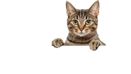 A curious tabby cat peeking over a blank white sign. its playful demeanor. set against a clean. minimalistic background. ideal for advertising or personal messages