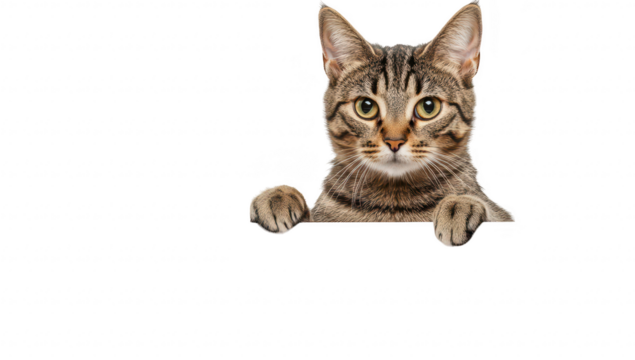 A curious tabby cat peeking over a blank white sign. its playful demeanor. set against a clean. minimalistic background. ideal for advertising or personal messages