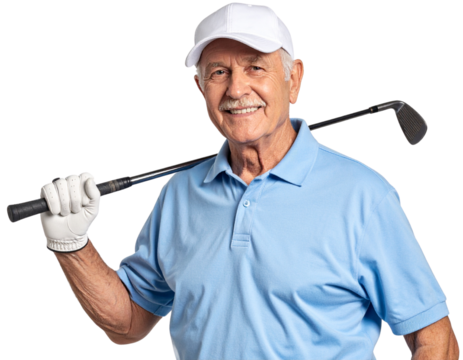 Cheerful Older Golfer in Cap Holding Club Across Shoulders  Transparent PNG