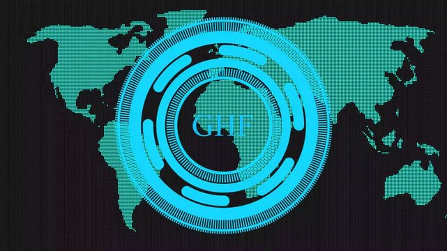 GHF Digital wallet interface with futuristic HUD animation. Global business payment system and financial technology. Blockchain wallet visualization for secure digital transactions.