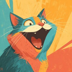 Playful cat illustration vibrant colors digital art whimsical style close-up joyful expression