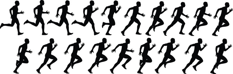 Silhouette running man sequence, athletic runner motion illustration, jogging workout graphic, fitness exercise action, sports movement vector set for design.