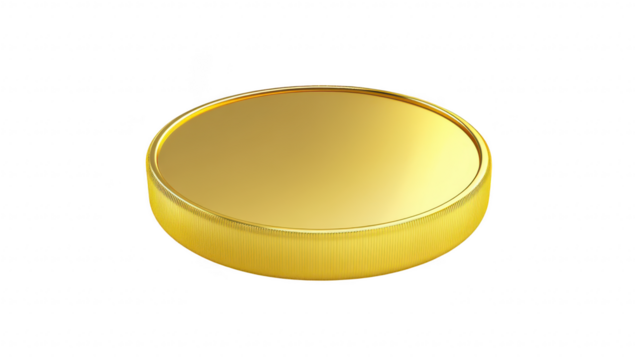 A shiny. gold coin is centered on a clean white background. reflecting light. symbolizing wealth and prosperity. ideal for financial or investment-related themes