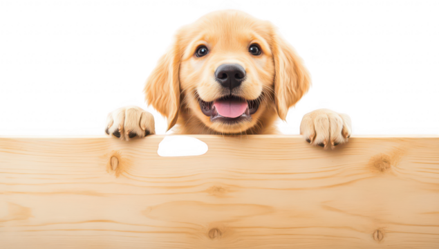 A cheerful golden retriever puppy playfully peeking over a wooden fence. with a bright white background enhancing its joyful expression and inviting charm. perfect for pet-related content