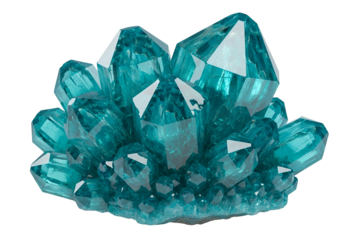 A cluster of vibrant teal crystals displays intricate facets against a pure black backdrop.